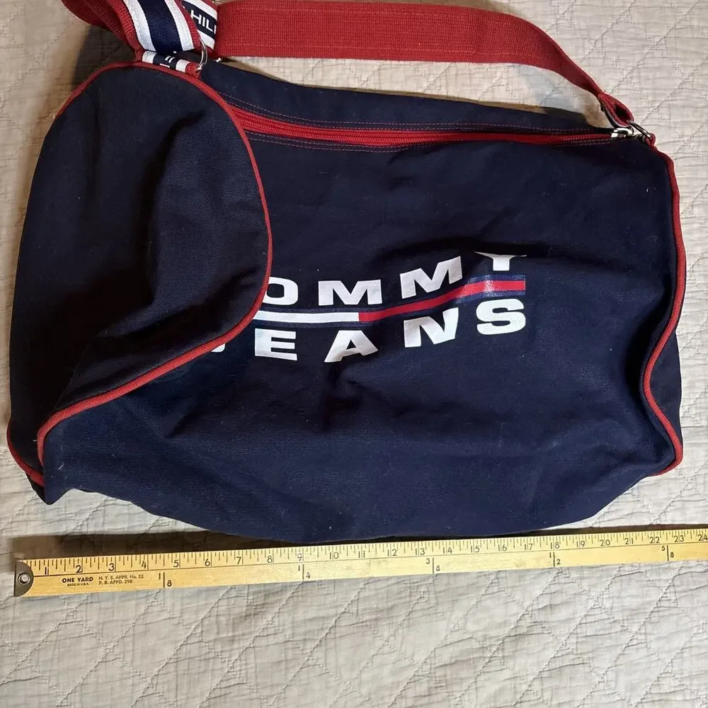 Tommy Hilfiger‎ Duffel Bag Blue Large 11” Flag Logo Travel Weekender Gym Vtg 90s
